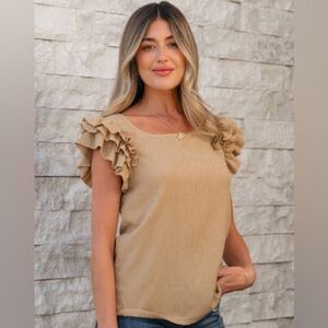 ee:some,Taupe Ruffled Sleeve Tan Top, Excellent Condition, Stretchy Knit, Size M